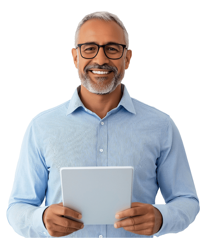 Homem sorridente de meia-idade, com barba grisalha e óculos, vestindo uma camisa azul clara. Ele segura um tablet branco e está em um ambiente profissional.